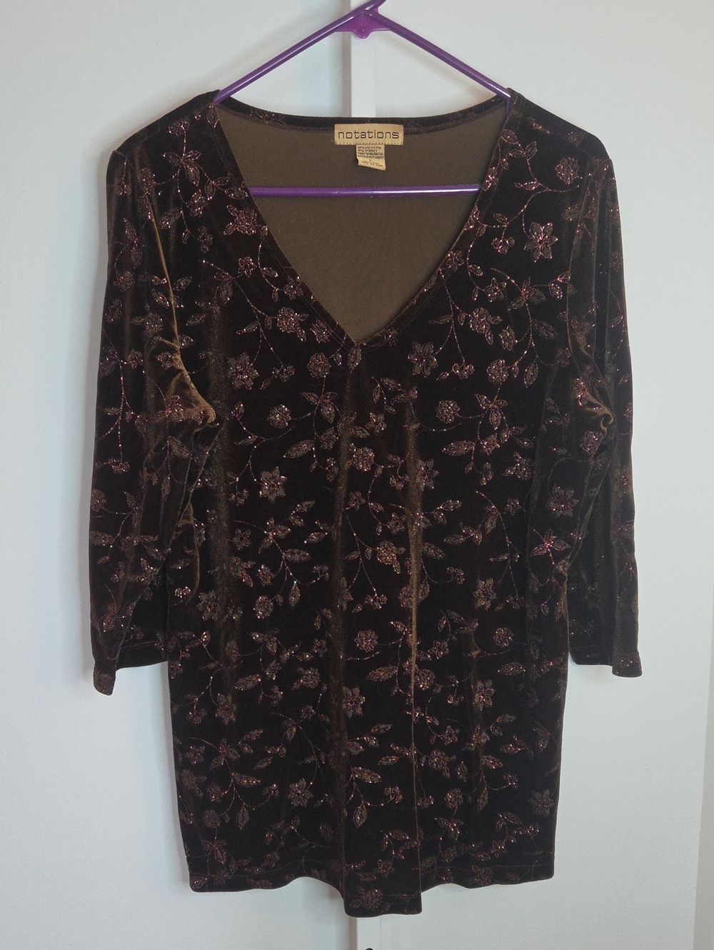 Notations Vintage Brown Velvet Glitter Floral V-Neck Top Blouse Large 90s